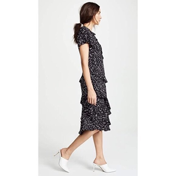 Joie Orita Ruffle Printed Dress in Caviar Black Floral, Size 6 - Picture 3 of 16